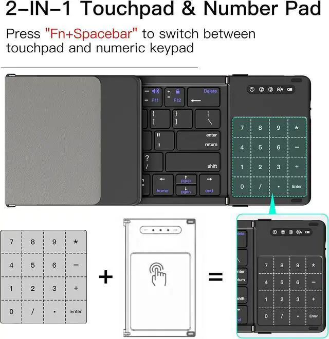 Alt view image 4 of 7 - XIWMIX 2-in-1 Foldable Bluetooth Keyboard with Touchpad & Number Pad, Multi-Device Folding Wireless Rechargeable Portable Travel Keyboard for iPad,Laptop,PC,Compatible with Windows,iOS,Android,MacOS
