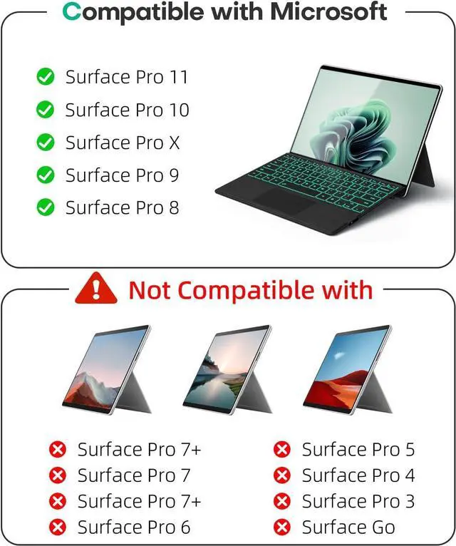 Alt view image 2 of 7 - Surface Pro Keyboard for Microsoft Surface Pro 11/10/9/8/X 13 inch, 7 Color Backlit Wireless Type Cover, Bluetooth Ultra-Slim Portable Magnetic Keyboard with Trackpad, Rechargeable Battery, Pen Holder
