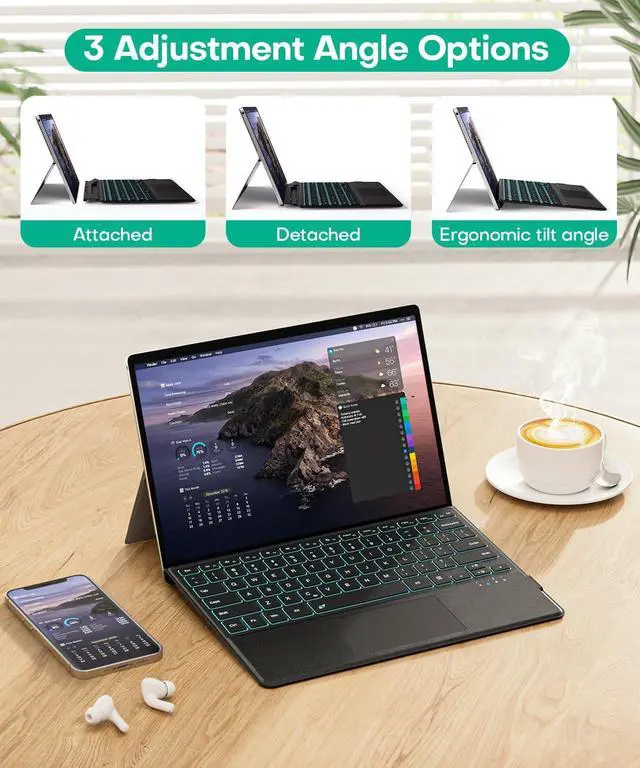 Alt view image 4 of 7 - Surface Pro Keyboard for Microsoft Surface Pro 11/10/9/8/X 13 inch, 7 Color Backlit Wireless Type Cover, Bluetooth Ultra-Slim Portable Magnetic Keyboard with Trackpad, Rechargeable Battery, Pen Holder