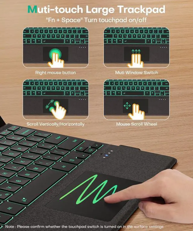 Alt view image 6 of 7 - Surface Pro Keyboard for Microsoft Surface Pro 11/10/9/8/X 13 inch, 7 Color Backlit Wireless Type Cover, Bluetooth Ultra-Slim Portable Magnetic Keyboard with Trackpad, Rechargeable Battery, Pen Holder