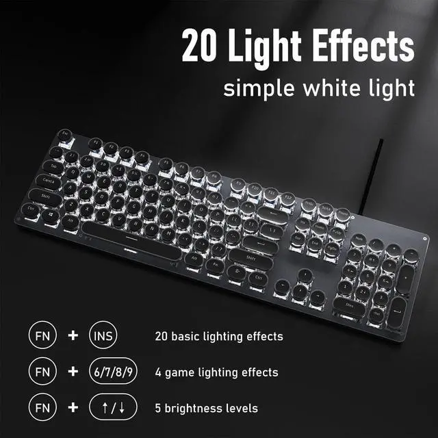 Alt view image 3 of 7 - EWEADN TK100 Typewriter Keyboard Wired Mechanical Keyboard, 104 Keys Aesthetic Typewriter Keyboards with White Backlit, Anti-Ghosting, Blue Switch Wired Cute Keyboards-Black