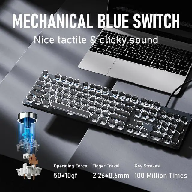 Alt view image 4 of 7 - EWEADN TK100 Typewriter Keyboard Wired Mechanical Keyboard, 104 Keys Aesthetic Typewriter Keyboards with White Backlit, Anti-Ghosting, Blue Switch Wired Cute Keyboards-Black