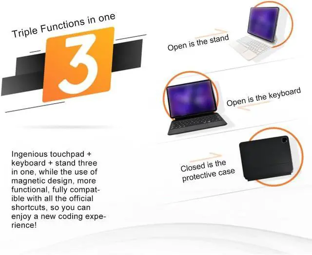 Alt view image 3 of 7 - Three-in-One Design Tablet Smart Control Keyboard, Strong Magnetic Absorption, BT5.2 Long Endurance with 3-Level Adjustable Back, 135° Adjustable Angle, Suitable for 10th 2022