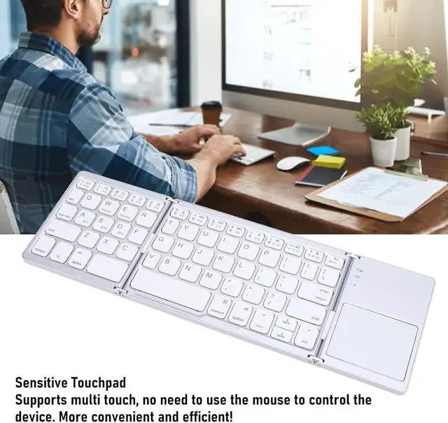 Alt view image 4 of 7 - Portable Folding Keyboard, BT 5.0 Portable Triple Folding Rechargeable Keyboard with Touchpad Rechargeable Ultra Slim Foldable BT Keyboard for, Tablet, Laptop, PC (Silver+White)