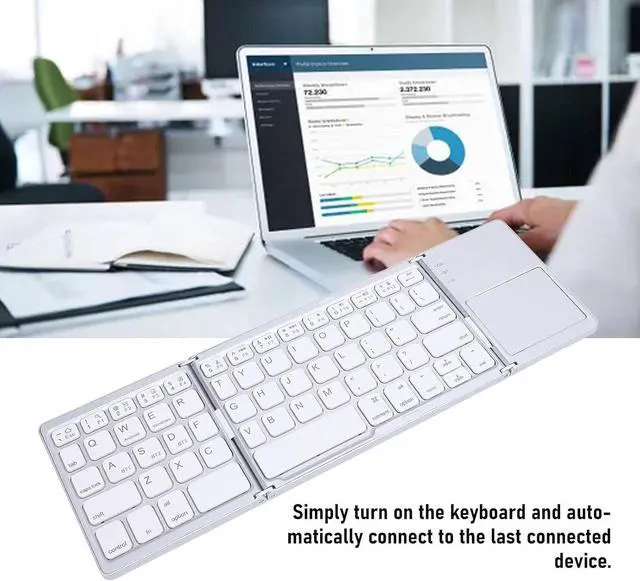 Alt view image 3 of 7 - Portable Folding Keyboard, BT 5.0 Portable Triple Folding Rechargeable Keyboard with Touchpad Rechargeable Ultra Slim Foldable BT Keyboard for, Tablet, Laptop, PC (Silver+White)