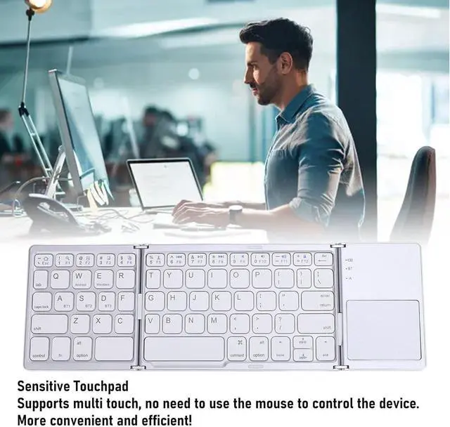 Alt view image 2 of 7 - Portable Folding Keyboard, BT 5.0 Portable Triple Folding Rechargeable Keyboard with Touchpad Rechargeable Ultra Slim Foldable BT Keyboard for, Tablet, Laptop, PC (Silver+White)