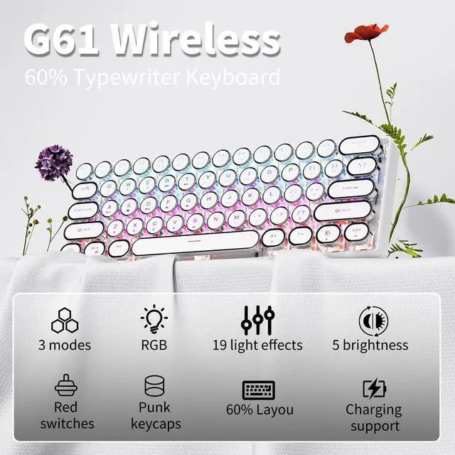 Alt view image 2 of 7 - EWEADN G61 Typewriter Keyboard Wireless Mechanical Keyboards, 60% Mini Typewriter Keyboards with Rainbow Backlit, Anti-Ghosting, Red Switch Bluetooth/2.4GHz/USB-C Cute Aesthetic Keyboard-White