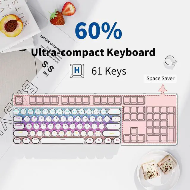 Alt view image 7 of 7 - EWEADN G61 Typewriter Keyboard Wireless Mechanical Keyboards, 60% Mini Typewriter Keyboards with Rainbow Backlit, Anti-Ghosting, Red Switch Bluetooth/2.4GHz/USB-C Cute Aesthetic Keyboard-White
