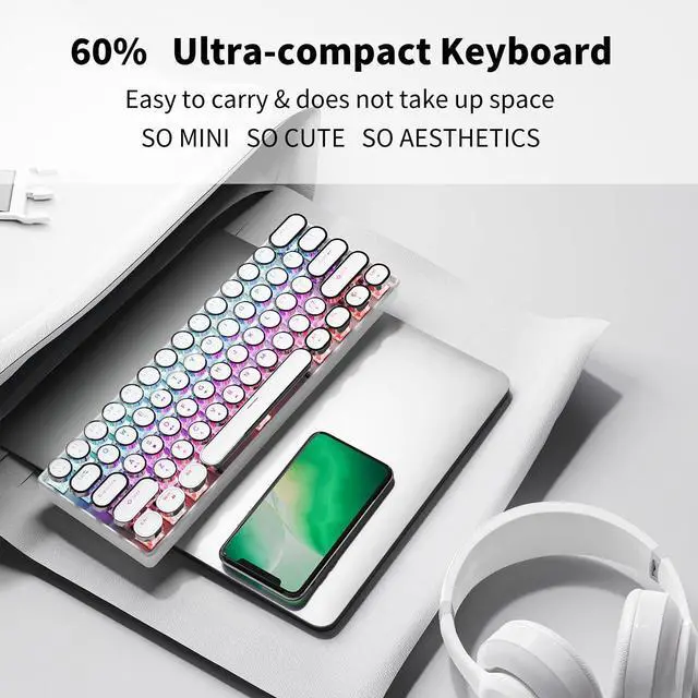 Alt view image 6 of 7 - EWEADN G61 Typewriter Keyboard Wireless Mechanical Keyboards, 60% Mini Typewriter Keyboards with Rainbow Backlit, Anti-Ghosting, Red Switch Bluetooth/2.4GHz/USB-C Cute Aesthetic Keyboard-White