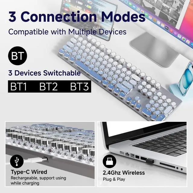 Alt view image 3 of 7 - EWEADN Typewriter Keyboard Wireless Mechanical Keyboard, 104 Keys Gradient Color Typewriter Keyboards with White Backlit, Anti-Ghosting, Blue Switch Bluetooth/2.4GHz/Wired Keyboards-Blue