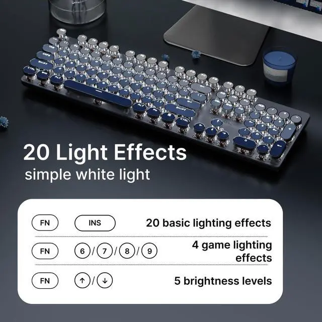 Alt view image 4 of 7 - EWEADN Typewriter Keyboard Wireless Mechanical Keyboard, 104 Keys Gradient Color Typewriter Keyboards with White Backlit, Anti-Ghosting, Blue Switch Bluetooth/2.4GHz/Wired Keyboards-Blue