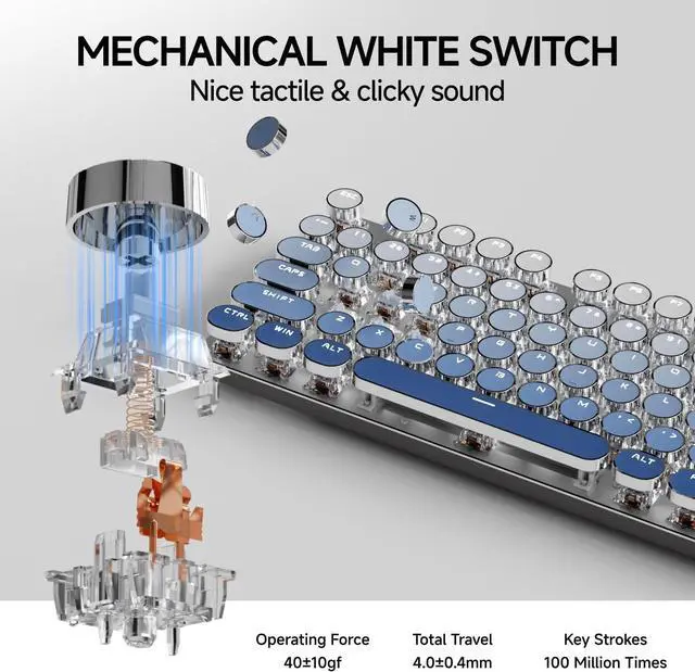 Alt view image 6 of 7 - EWEADN Typewriter Keyboard Wireless Mechanical Keyboard, 104 Keys Gradient Color Typewriter Keyboards with White Backlit, Anti-Ghosting, Blue Switch Bluetooth/2.4GHz/Wired Keyboards-Blue