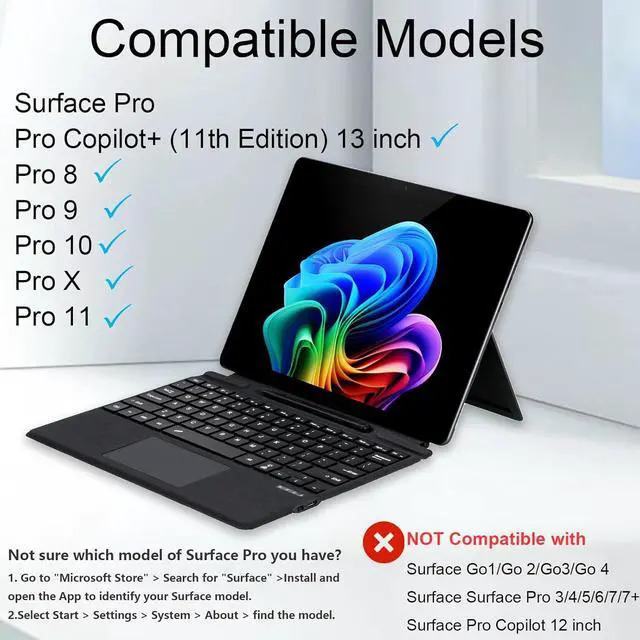 Alt view image 2 of 6 - Type Cover for Microsoft Surface Pro 13 inch, Compatible with Surface Pro 13"(11th Edition) / Pro 11 / Pro 10 / Pro 9 / Pro 8 / Pro X, Portable Slim Bluetooch Keyboard with Touchpad, Pen Holder