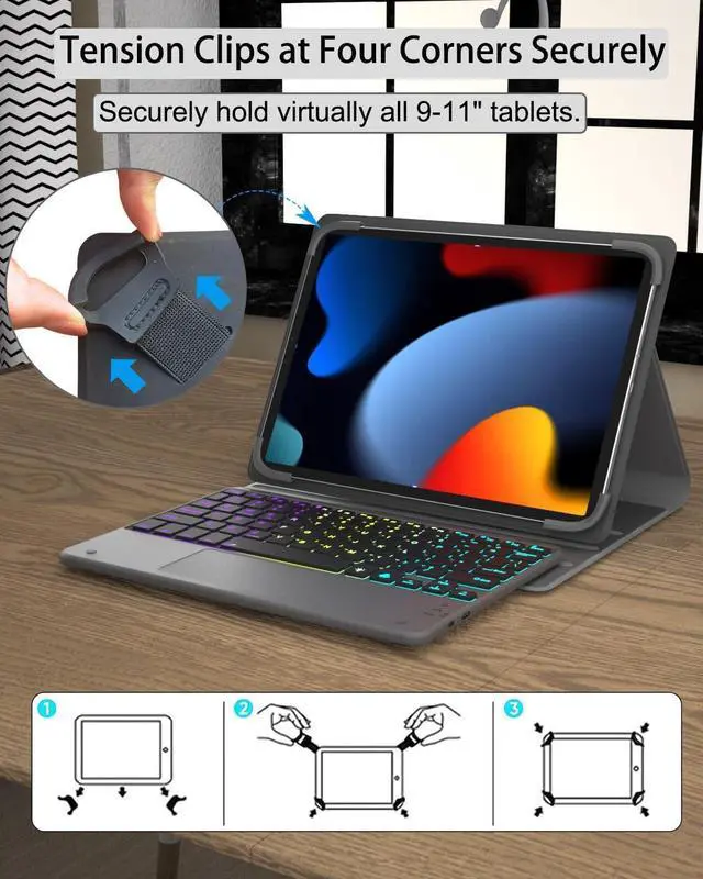 Alt view image 3 of 7 - Universal Tablet Keyboard with touchpad case for 9",9.7",10.1",10.2",10.5",10.9",11" Tablets, Rainbow Wireless Backlight Keyboard fit 9-11 inch Android/iOS/Windows Tablet