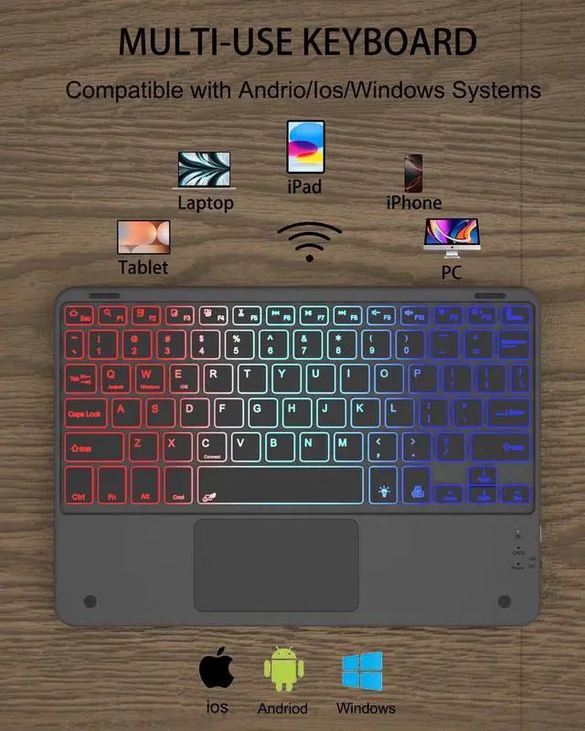 Alt view image 4 of 7 - Universal Tablet Keyboard with touchpad case for 9",9.7",10.1",10.2",10.5",10.9",11" Tablets, Rainbow Wireless Backlight Keyboard fit 9-11 inch Android/iOS/Windows Tablet