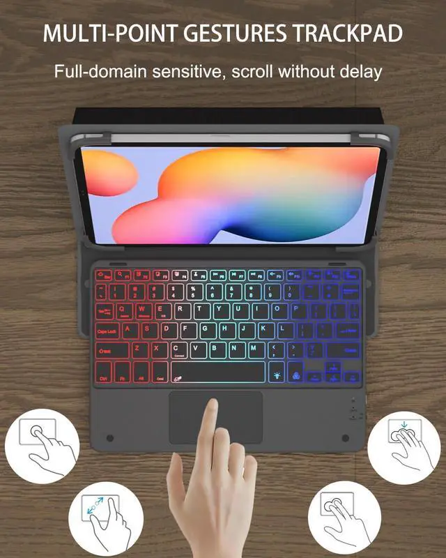 Alt view image 5 of 7 - Universal Tablet Keyboard with touchpad case for 9",9.7",10.1",10.2",10.5",10.9",11" Tablets, Rainbow Wireless Backlight Keyboard fit 9-11 inch Android/iOS/Windows Tablet