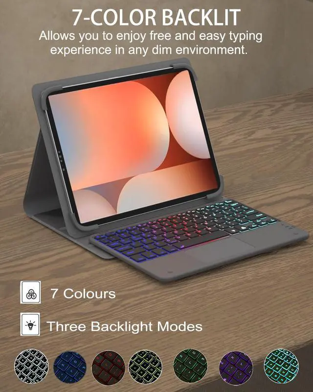 Alt view image 6 of 7 - Universal Tablet Keyboard with touchpad case for 9",9.7",10.1",10.2",10.5",10.9",11" Tablets, Rainbow Wireless Backlight Keyboard fit 9-11 inch Android/iOS/Windows Tablet