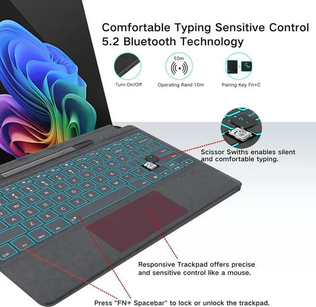 Alt view image 5 of 7 - Surface Pro 11 Keyboard with Slim Pen, Compatible with Microsoft Surface Pro11/10/9 /8 /X, 13 Inch Bluetooth Wireless Backlight Type Cover Gray