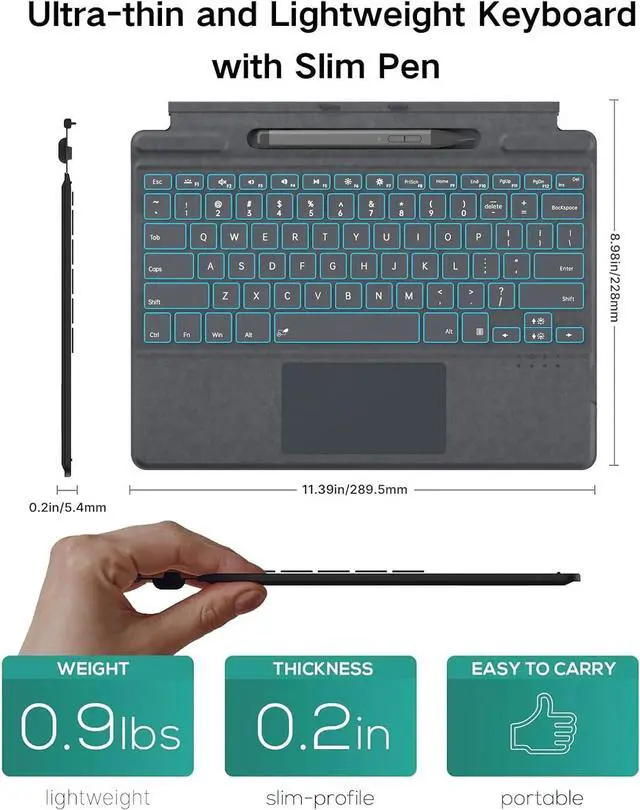 Alt view image 7 of 7 - Surface Pro 11 Keyboard with Slim Pen, Compatible with Microsoft Surface Pro11/10/9 /8 /X, 13 Inch Bluetooth Wireless Backlight Type Cover Gray
