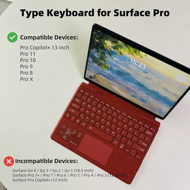 Alt view image 2 of 6 - Keyboard for Microsoft Surface Pro Copilot+ (11th Edition) / Pro 11 / Pro 10 / Pro 9 / Pro 8 / Pro X, 13 inch, Detachable Type Cover with Touchpad, 7-Color Backlit & Pen Holder (Poppy Red)