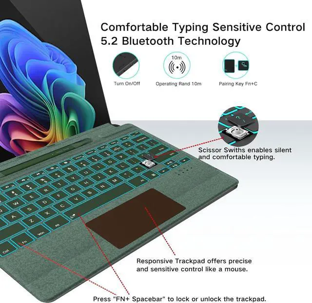 Alt view image 5 of 7 - Surface Pro 11 Keyboard with Slim Pen, Compatible with Microsoft Surface Pro11/10/9 /8 /X, 13 Inch Bluetooth Wireless Backlight Type Cover Green