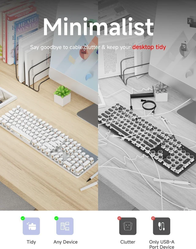 Alt view image 3 of 7 - Wireless Typewriter-Style Mechanical Keyboard with White Backlit, White