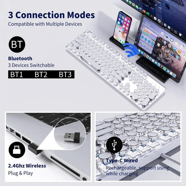 Alt view image 4 of 7 - Wireless Typewriter-Style Mechanical Keyboard with White Backlit, White