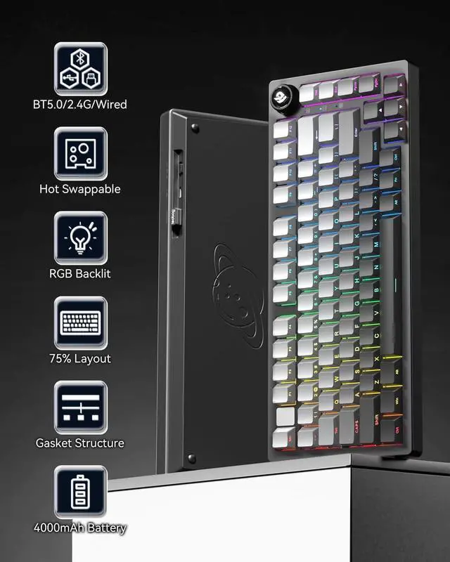 Alt view image 2 of 7 - HI75C Pro Mechanical Keyboard, 75% Hot Swappable Gaming Keyboard with Five-Layer Knob, Bluetooth/2.4GHz/USB-C Wireless Keyboards for Windows/MAC/iOS/Android - Reaper Switch, Grey