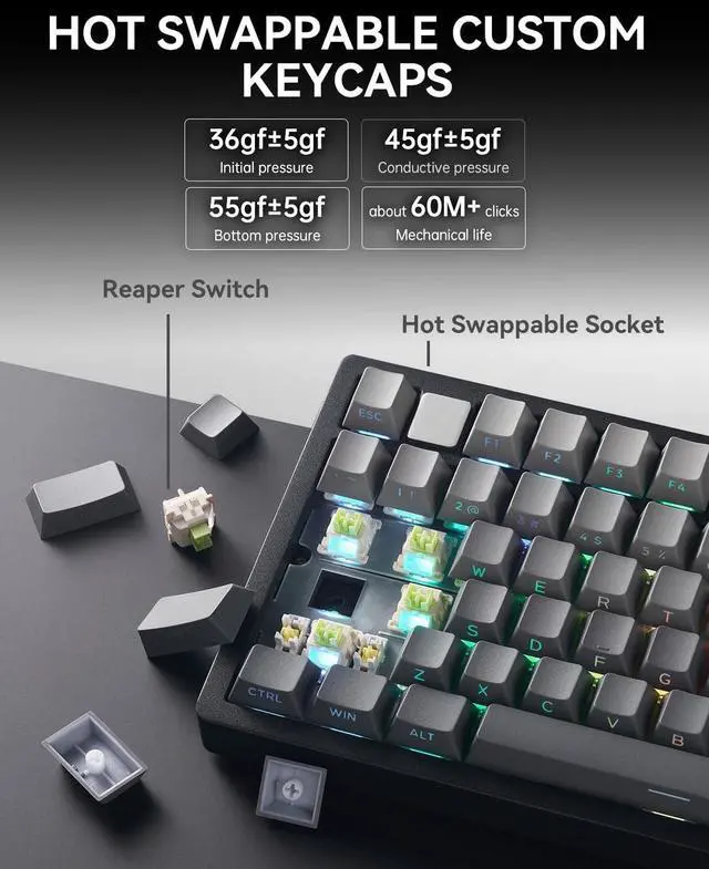 Alt view image 5 of 7 - HI75C Pro Mechanical Keyboard, 75% Hot Swappable Gaming Keyboard with Five-Layer Knob, Bluetooth/2.4GHz/USB-C Wireless Keyboards for Windows/MAC/iOS/Android - Reaper Switch, Grey