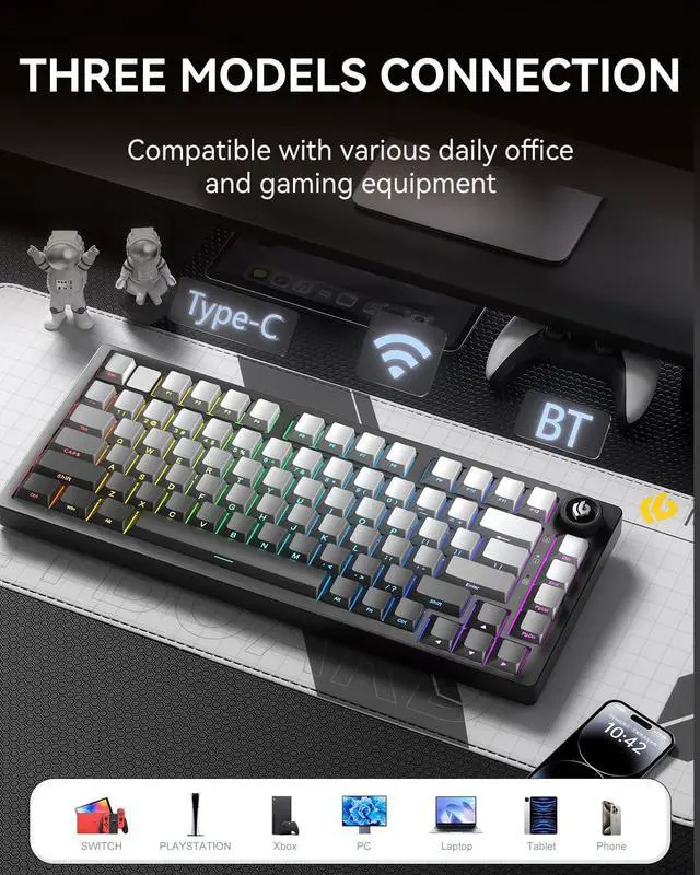 Alt view image 7 of 7 - HI75C Pro Mechanical Keyboard, 75% Hot Swappable Gaming Keyboard with Five-Layer Knob, Bluetooth/2.4GHz/USB-C Wireless Keyboards for Windows/MAC/iOS/Android - Reaper Switch, Grey