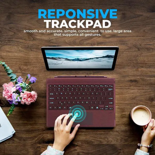 Alt view image 3 of 6 - Keyboard Type Cover for Microsoft Surface Pro 7+ Pro 7 Pro 6 Pro 5 Pro4 Pro3, 12.3 inch, Ultra-Slim Bluetooth Multi-Touchpad Mouse Rechargeable, 7-Color LED Backlit (Burgundy with Backlit)