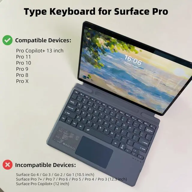 Alt view image 2 of 6 - Keyboard for Microsoft Surface Pro Copilot+ (11th Edition) / Pro 11 / Pro 10 / Pro 9 / Pro 8 / Pro X, 13 inch, Detachable Type Cover with Touchpad, Pen Holder (Grey Without Backlit)