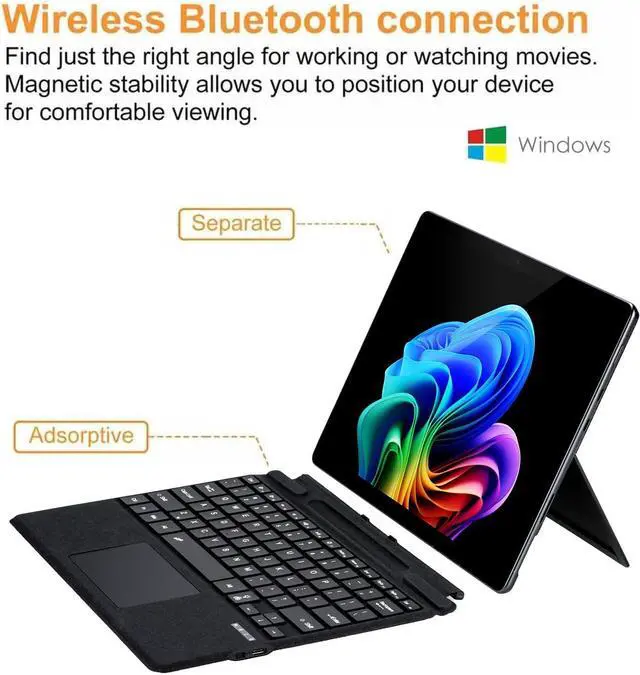 Alt view image 2 of 7 - Type Cover for Microsoft Surface Pro 11 / Pro 10 / Pro 9 / Pro 8 / Pro X, 7-Color Backlight Keyboard with Touchpad, Portable Ultra-Thin Detachable Keyboard (with Pen Holder),Black
