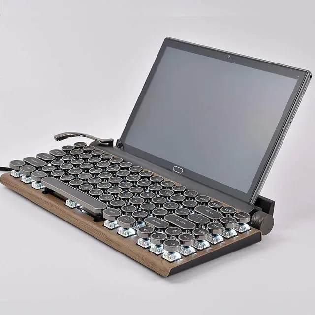 Alt view image 7 of 7 - Typewriter-Style Retro Mechanical Keyboard LED Backlight 83 Keys Bluetooth 5.0 Blue Axis Wood Color Panel Compatible with iOS/Android/Windows/Vista/Linux/Mac Office/Gaming, 12.8x6.6x1.6in