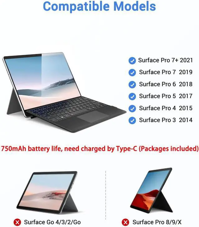 Alt view image 2 of 7 - Surface Pro Keyboard, Wireless Type Cover for Microsoft Surface Pro 7 Plus 7/6/5/4/3 12.3 inch, 7 Color Backlit Bluetooth Ultra-Slim Portable Magnetic Keyboard with Trackpad