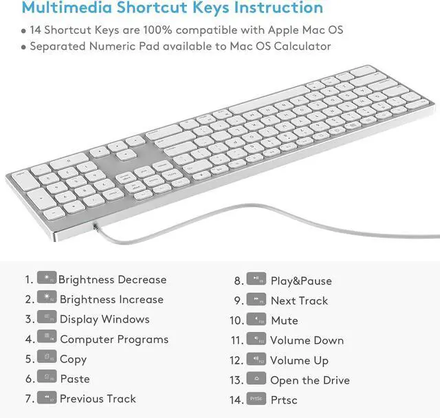 Alt view image 4 of 7 - All-Aluminum Wired Keyboard for Apple Mac OS Devices -Sleek and Durable, Plug-and-Play Cable Connection in USB-A/USB-C Port Keyboard for iMac, Mac mini, and MacBook Laptops.