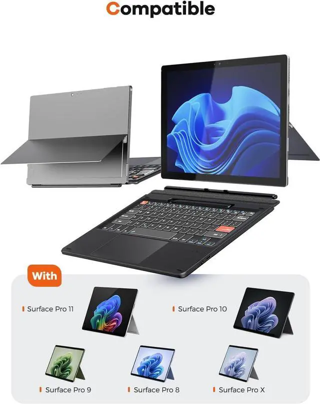 Alt view image 2 of 7 - Doohoeek Surface Pro 11/10/9/8/X Gen 13" Keyboard, Bluetooth Keyboard with Touch Pad & Pen Slot & Lighting Keys Compatible with Surface Pro Copilot+ 13-inch, Wireless Keypad for Windows 11