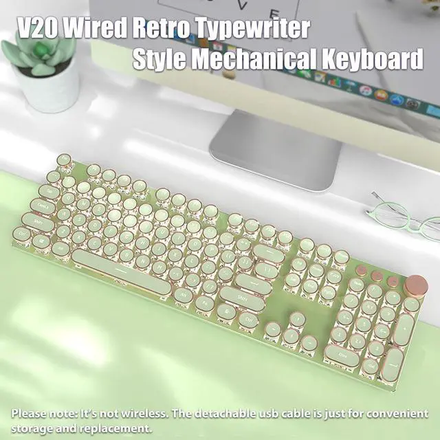 Alt view image 2 of 7 - Typewriter Style Mechanical Gaming Keyboard White LED Backlit 104-Key NKRO Pink Switches Retro Round Keycaps Golden Ring Volume Knob Metal Panel Wired USB-C Detachable Cable, Matcha Green