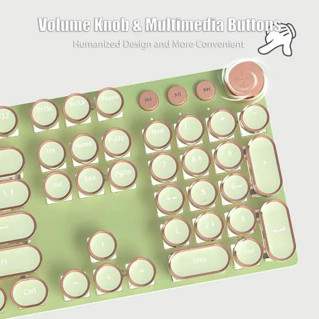 Alt view image 5 of 7 - Typewriter Style Mechanical Gaming Keyboard White LED Backlit 104-Key NKRO Pink Switches Retro Round Keycaps Golden Ring Volume Knob Metal Panel Wired USB-C Detachable Cable, Matcha Green