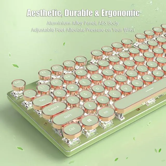 Alt view image 7 of 7 - Typewriter Style Mechanical Gaming Keyboard White LED Backlit 104-Key NKRO Pink Switches Retro Round Keycaps Golden Ring Volume Knob Metal Panel Wired USB-C Detachable Cable, Matcha Green