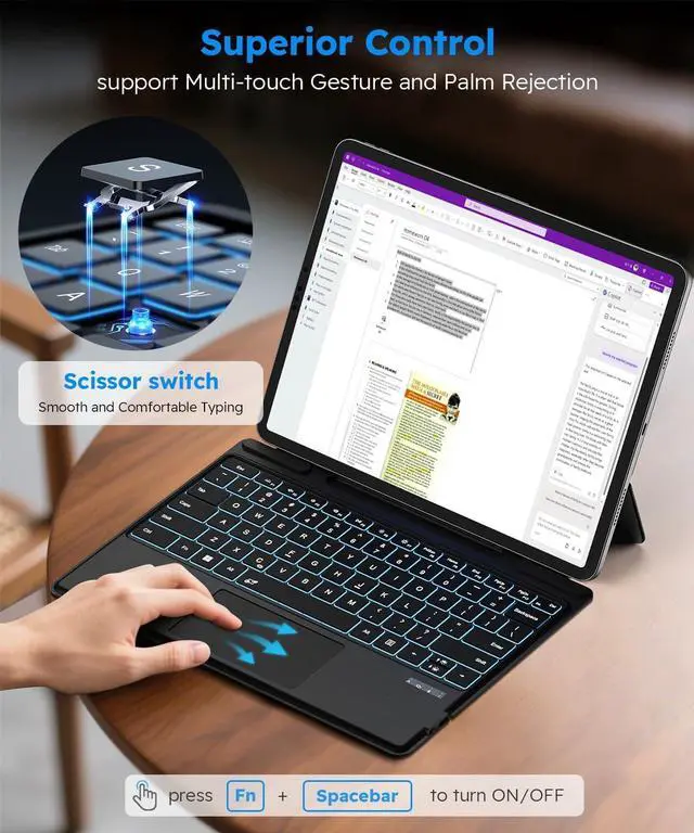 Alt view image 5 of 7 - Surface Pro 11/10/9/8/X Keyboard, Ultra-Slim Wireless Bluetooth Surface Keyboard with Palm-Rejection Trackpad, 7-Color Backlit, Sleep/Wake Function, Long Battery Life