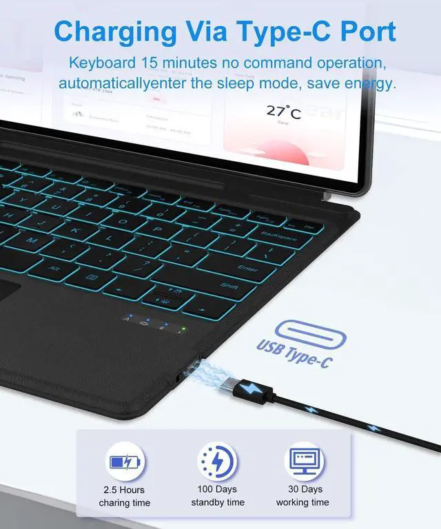Alt view image 7 of 7 - Surface Pro 11/10/9/8/X Keyboard, Ultra-Slim Wireless Bluetooth Surface Keyboard with Palm-Rejection Trackpad, 7-Color Backlit, Sleep/Wake Function, Long Battery Life