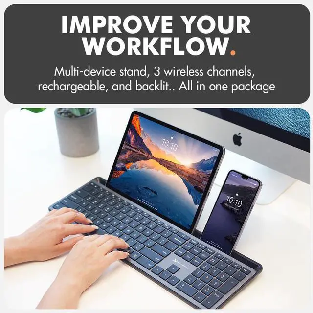 Alt view image 4 of 7 - X9 Full Size Bluetooth Keyboard with Phone Holder - Backlit Wireless Keyboard, Switch Multi Device, Quiet, Slim, Rechargeable, w/Copilot for iPhone, Tablet, PC, Mac, iPad, MacBook, iOS, Android - Gray