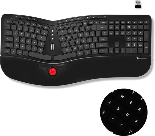 Main image of X9 Performance Ergonomic Wireless Keyboard with Trackball - Rechargeable, Backlit, Built in Mouse Buttons - 2.4G Split Keyboard Wireless for Windows PC and Chrome - All in One Typing Solution