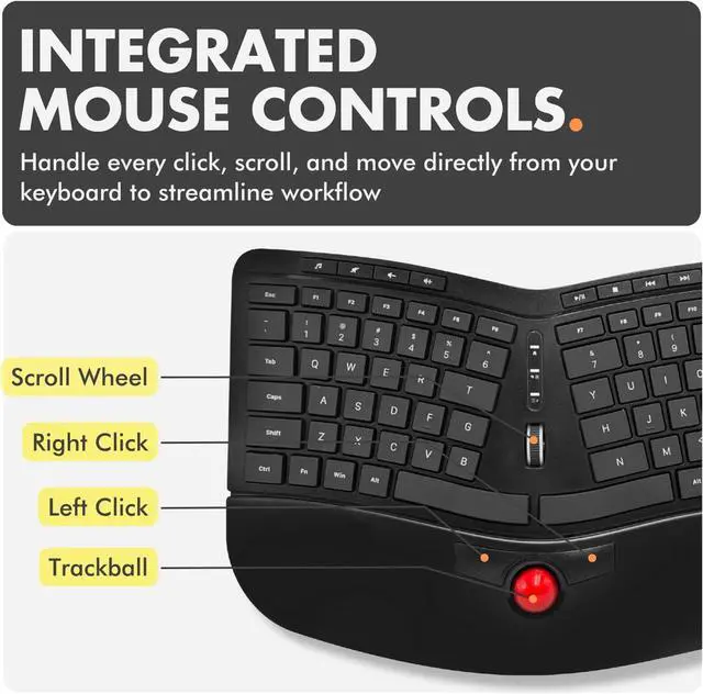 Alt view image 3 of 7 - X9 Performance Ergonomic Wireless Keyboard with Trackball - Rechargeable, Backlit, Built in Mouse Buttons - 2.4G Split Keyboard Wireless for Windows PC and Chrome - All in One Typing Solution