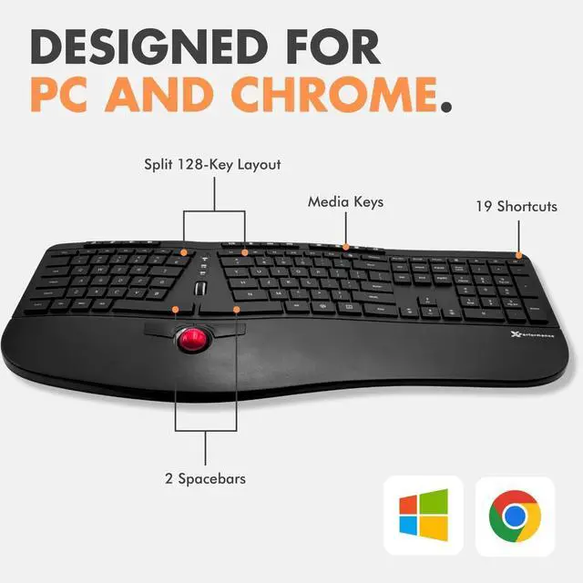 Alt view image 7 of 7 - X9 Performance Ergonomic Wireless Keyboard with Trackball - Rechargeable, Backlit, Built in Mouse Buttons - 2.4G Split Keyboard Wireless for Windows PC and Chrome - All in One Typing Solution