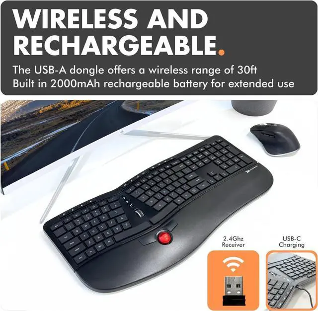 Alt view image 6 of 7 - X9 Performance Ergonomic Wireless Keyboard with Trackball - Rechargeable, Backlit, Built in Mouse Buttons - 2.4G Split Keyboard Wireless for Windows PC and Chrome - All in One Typing Solution