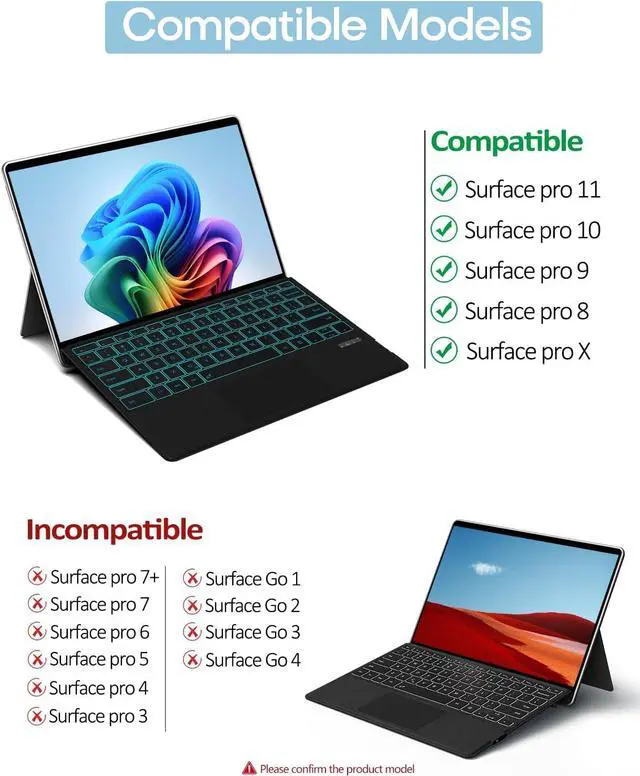 Alt view image 2 of 7 - Surface Pro Keyboard for Surface Pro 11/10/9/8/X, Surface Pro Bluetooth Type Cover with 7 Colors Backlit, Touchpad, Sleep/Wake Function, Pencil Holder, Rechargeable Battery