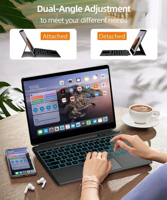 Alt view image 6 of 7 - Surface Pro Keyboard for Surface Pro 11/10/9/8/X, Surface Pro Bluetooth Type Cover with 7 Colors Backlit, Touchpad, Sleep/Wake Function, Pencil Holder, Rechargeable Battery
