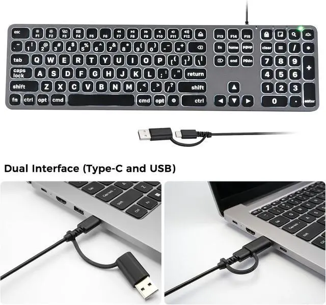 Alt view image 2 of 7 - Backlit Wired Keyboard for Mac, Large Print Keyboard with Dual Interface, Full Size Slim Thin Computer Keyboards with Numeric Keypad Compatible with Apple MacBook Air/Pro, iMac, Mac Mini/Pro